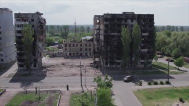 This stock video shows a destroyed residential building during the war in Ukraine in Borodyanka, Bucha district in 8K resolution
