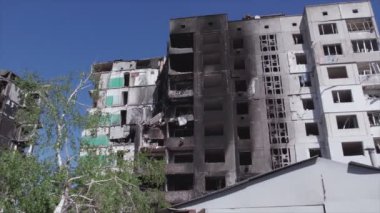 This stock video shows a destroyed residential building during the war in Ukraine in Borodyanka, Bucha district in 8K resolution
