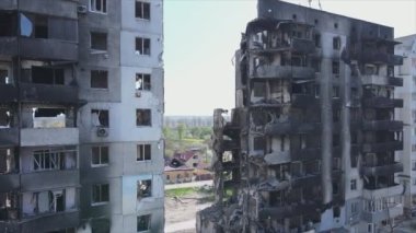 This stock video shows a destroyed residential building during the war in Ukraine in Borodyanka, Bucha district in 8K resolution
