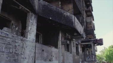 This stock video shows a destroyed residential building during the war in Ukraine in Borodyanka, Bucha district in 8K resolution