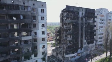 This stock video shows a destroyed residential building during the war in Ukraine in Borodyanka, Bucha district in 8K resolution