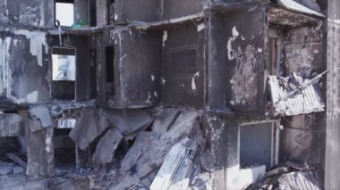 This stock video shows a destroyed residential building during the war in Ukraine in Borodyanka, Bucha district in 8K resolution