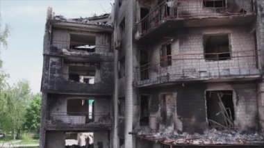 This stock video shows a destroyed residential building during the war in Ukraine in Borodyanka, Bucha district in 8K resolution