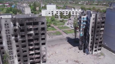 This stock video shows a destroyed residential building during the war in Ukraine in Borodyanka, Bucha district in 8K resolution