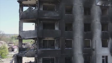 This stock video shows a destroyed residential building during the war in Ukraine in Borodyanka, Bucha district in 8K resolution