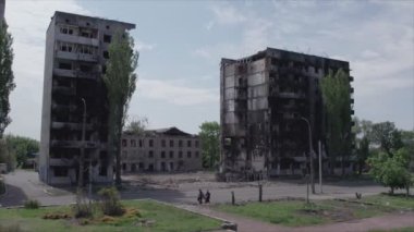 This stock video shows a destroyed residential building during the war in Ukraine in Borodyanka, Bucha district in 8K resolution
