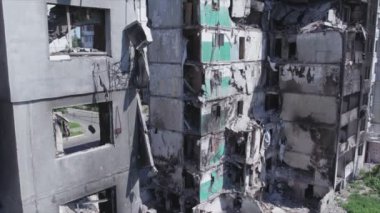 This stock video shows a destroyed residential building during the war in Ukraine in Borodyanka, Bucha district in 8K resolution
