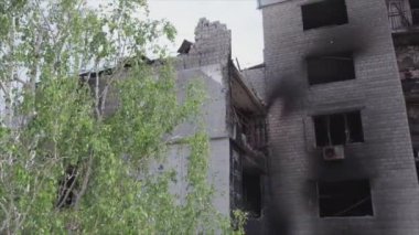 This stock video shows a destroyed residential building during the war in Ukraine in Borodyanka, Bucha district in 8K resolution