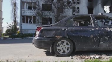 This stock video shows a destroyed residential building during the war in Ukraine in Borodyanka, Bucha district in 8K resolution