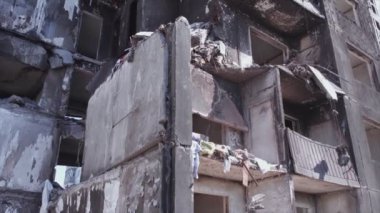 This stock video shows a destroyed residential building during the war in Ukraine in Borodyanka, Bucha district in 8K resolution