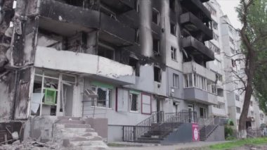 This stock video shows a destroyed residential building during the war in Ukraine in Borodyanka, Bucha district in 8K resolution
