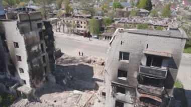 This stock video shows a destroyed residential building during the war in Ukraine in Borodyanka, Bucha district in 8K resolution