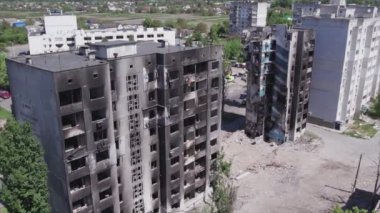 This stock video shows a destroyed residential building during the war in Ukraine in Borodyanka, Bucha district in 8K resolution