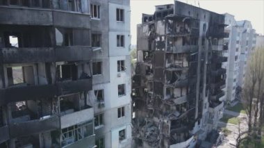This stock video shows a destroyed residential building during the war in Ukraine in Borodyanka, Bucha district in 8K resolution