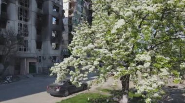 This stock video shows a destroyed residential building during the war in Ukraine in Borodyanka, Bucha district in 8K resolution