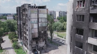 This stock video shows a destroyed residential building during the war in Ukraine in Borodyanka, Bucha district in 8K resolution