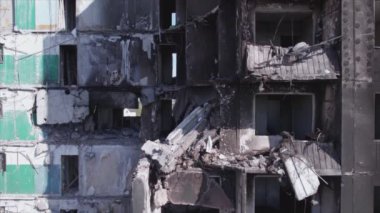 This stock video shows a destroyed residential building during the war in Ukraine in Borodyanka, Bucha district in 8K resolution