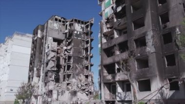 This stock video shows a destroyed residential building during the war in Ukraine in Borodyanka, Bucha district in 8K resolution
