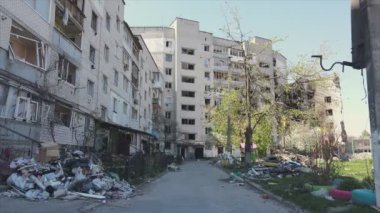 This stock video shows a destroyed residential building during the war in Ukraine in Borodyanka, Bucha district in 8K resolution
