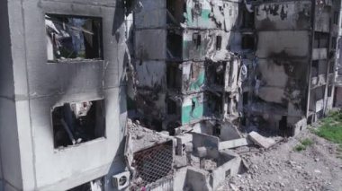 This stock video shows a destroyed residential building during the war in Ukraine in Borodyanka, Bucha district in 8K resolution