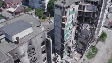 This stock video shows a destroyed residential building during the war in Ukraine in Borodyanka, Bucha district in 8K resolution