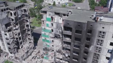 This stock video shows a destroyed residential building during the war in Ukraine in Borodyanka, Bucha district in 8K resolution