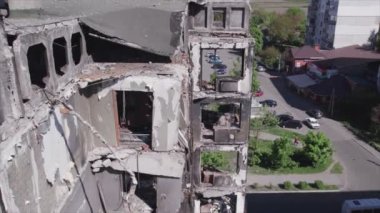 This stock video shows a destroyed residential building during the war in Ukraine in Borodyanka, Bucha district in 8K resolution