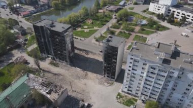 This stock video shows a destroyed residential building during the war in Ukraine in Borodyanka, Bucha district in 8K resolution