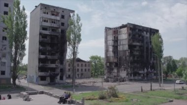 This stock video shows a destroyed residential building during the war in Ukraine in Borodyanka, Bucha district in 8K resolution