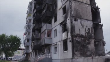 This stock video shows a destroyed residential building during the war in Ukraine in Borodyanka, Bucha district in 8K resolution