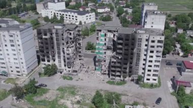 This stock video shows a destroyed residential building during the war in Ukraine in Borodyanka, Bucha district in 8K resolution