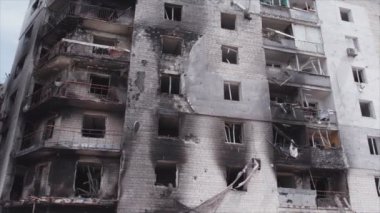 This stock video shows a destroyed residential building during the war in Ukraine in Borodyanka, Bucha district in 8K resolution