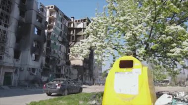 This stock video shows a destroyed residential building during the war in Ukraine in Borodyanka, Bucha district in 8K resolution