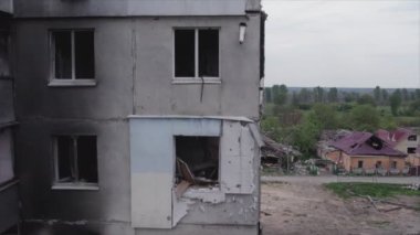 This stock video shows a destroyed residential building during the war in Ukraine in Borodyanka, Bucha district in 8K resolution