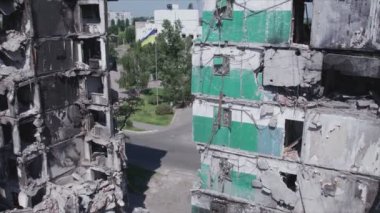 This stock video shows a destroyed residential building during the war in Ukraine in Borodyanka, Bucha district in 8K resolution