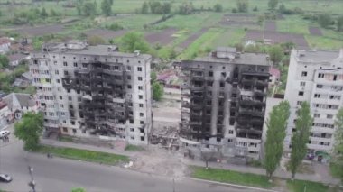 This stock video shows a destroyed residential building during the war in Ukraine in Borodyanka, Bucha district in 8K resolution