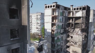 This stock video shows a destroyed residential building during the war in Ukraine in Borodyanka, Bucha district in 8K resolution