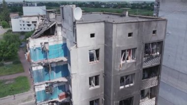 This stock video shows a destroyed residential building during the war in Ukraine in Borodyanka, Bucha district in 8K resolution
