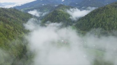 This stock footage shows aerial view of mountains covered with fog - Carpathians, Ukraine in 8K resolution