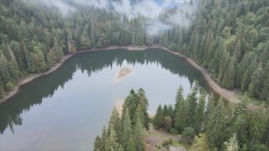 This stock video shows an aerial view of Synevyr Lake in the Carpathian Mountains, Ukraine in 8K resolution