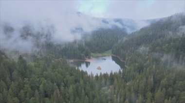 This stock video shows an aerial view of Synevyr Lake in the Carpathian Mountains, Ukraine in 8K resolution