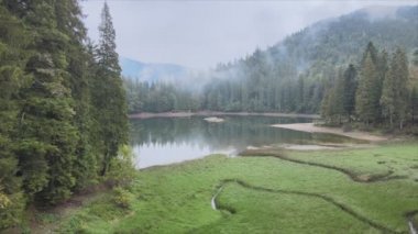 This stock video shows an aerial view of Synevyr Lake in the Carpathian Mountains, Ukraine in 8K resolution