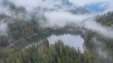 This stock video shows an aerial view of Synevyr Lake in the Carpathian Mountains, Ukraine in 8K resolution