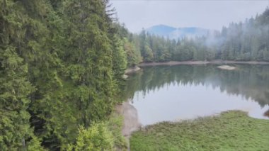 This stock video shows an aerial view of Synevyr Lake in the Carpathian Mountains, Ukraine in 8K resolution
