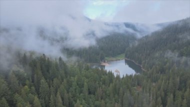 This stock video shows an aerial view of Synevyr Lake in the Carpathian Mountains, Ukraine in 8K resolution