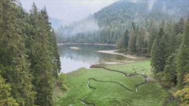 This stock video shows an aerial view of Synevyr Lake in the Carpathian Mountains, Ukraine in 8K resolution