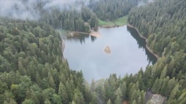This stock video shows an aerial view of Synevyr Lake in the Carpathian Mountains, Ukraine in 8K resolution