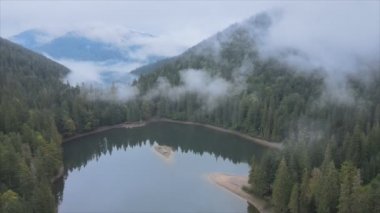 This stock video shows an aerial view of Synevyr Lake in the Carpathian Mountains, Ukraine in 8K resolution