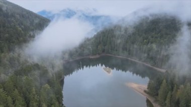 This stock video shows an aerial view of Synevyr Lake in the Carpathian Mountains, Ukraine in 8K resolution
