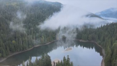 This stock video shows an aerial view of Synevyr Lake in the Carpathian Mountains, Ukraine in 8K resolution